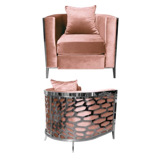 Rose Gold velvet accent chair with silver frame and curved mirrored back featuring abstract kaleidoscope geometric pattern, luxury art deco lounge seating.