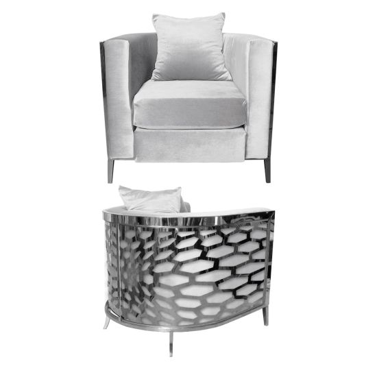 White velvet accent chair with silver frame and curved mirrored back featuring abstract kaleidoscope geometric pattern, luxury art deco lounge seating.