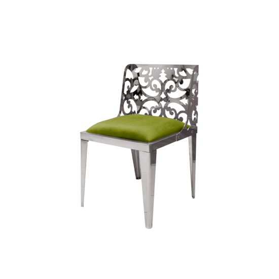Silver reflection chair with ornate laser-cut scroll backrest and moss cushioned seat, sleek modern design for upscale event dining and seating.