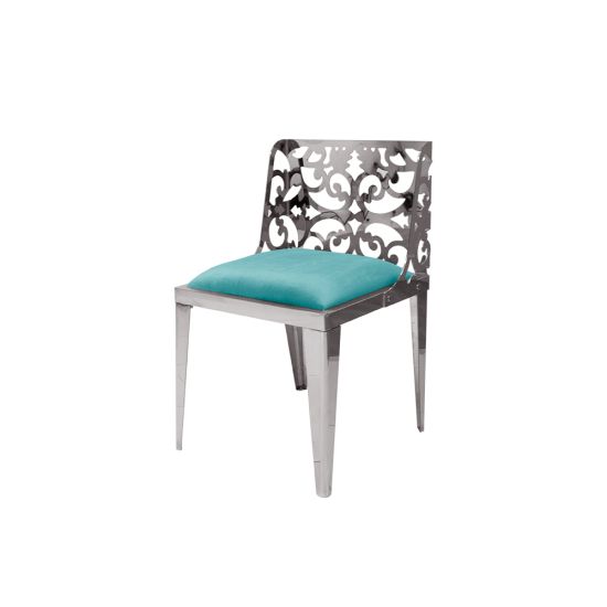 Silver reflection chair with ornate laser-cut scroll backrest and tiffany blue cushioned seat, sleek modern design for upscale event dining and seating.