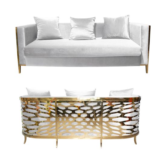 White velvet Reflection Giraffe sofa with gold abstract slat metal base and matching pillows, luxury seating for upscale weddings and events.