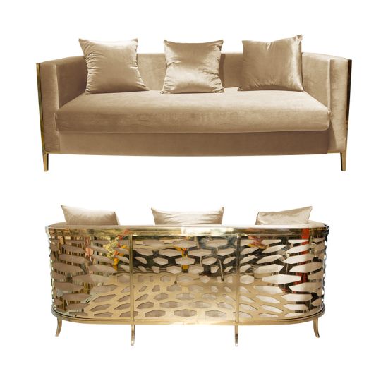 Champagne velvet Reflection Giraffe sofa with gold abstract slat metal base and matching pillows, luxury seating for upscale weddings and events.