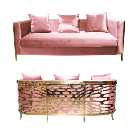 Rose Gold velvet Reflection Giraffe sofa with gold abstract slat metal base and matching pillows, luxury seating for upscale weddings and events.