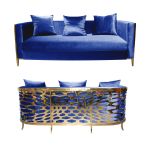 Royal Blue velvet Reflection Giraffe sofa with gold abstract slat metal base and matching pillows, luxury seating for upscale weddings and events.