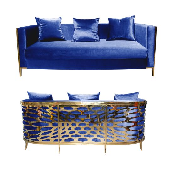 Royal Blue velvet Reflection Giraffe sofa with gold abstract slat metal base and matching pillows, luxury seating for upscale weddings and events.