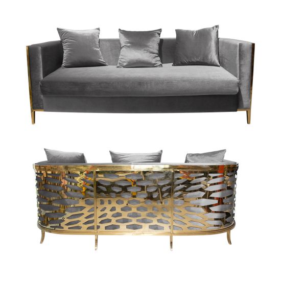 Silver velvet Reflection Giraffe sofa with gold abstract slat metal base and matching pillows, luxury seating for upscale weddings and events.
