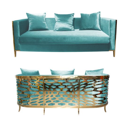Tiffany Blue velvet Reflection Giraffe sofa with gold abstract slat metal base and matching pillows, luxury seating for upscale weddings and events.