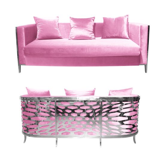 Light Pink velvet Reflection Giraffe sofa with gold abstract slat metal base and matching pillows, luxury seating for upscale weddings and events.