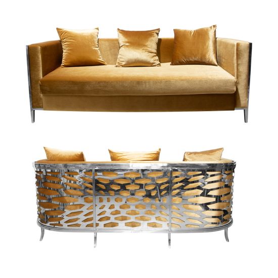 Gold velvet Reflection Giraffe sofa with silver abstract slat metal base and matching pillows, luxury seating for upscale weddings and events.