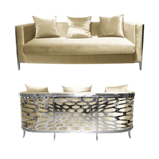 Ivory velvet Reflection Giraffe sofa with gold abstract slat metal base and matching pillows, luxury seating for upscale weddings and events.