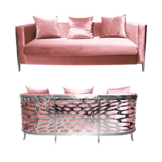 Rose Gold velvet Reflection Giraffe sofa with gold abstract slat metal base and matching pillows, luxury seating for upscale weddings and events.