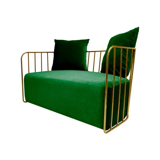 Emerald Green velvet accent loveseat with gold metal bar frame and two black pillows, modern art deco lounge seating for luxury events.