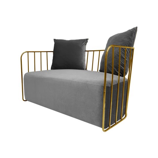 Silver velvet accent loveseat with gold metal bar frame and two black pillows, modern art deco lounge seating for luxury events.