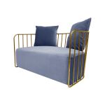 Dusty Blue velvet accent loveseat with gold metal bar frame and two black pillows, modern art deco lounge seating for luxury events.