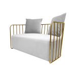 White velvet accent loveseat with gold metal bar frame and two black pillows, modern art deco lounge seating for luxury events.