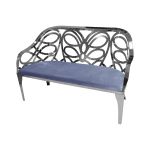 Reflection butterfly loveseat with silver metal cutout backrest and Dusty Blue velvet seat cushion, elegant modern seating for upscale events.