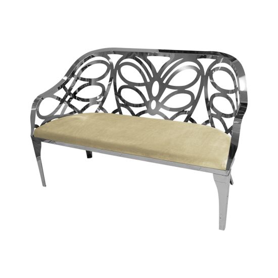 Reflection butterfly loveseat with silver metal cutout backrest and Ivory velvet seat cushion, elegant modern seating for upscale events.