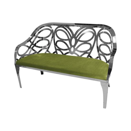 Reflection butterfly loveseat with silver metal cutout backrest and Moss velvet seat cushion, elegant modern seating for upscale events.