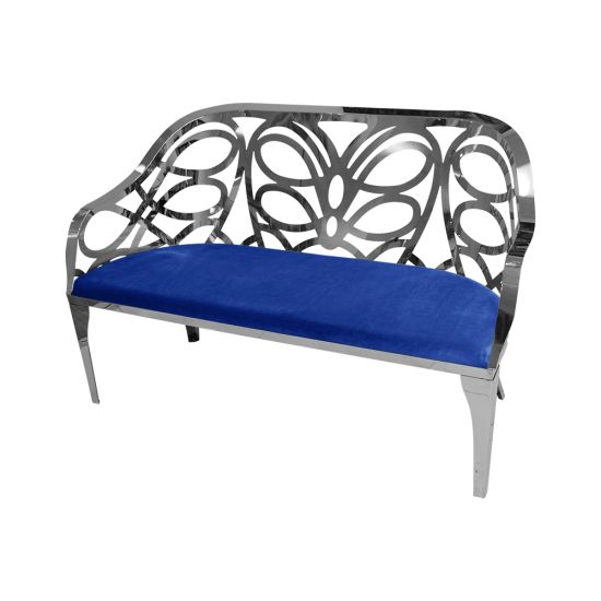 Reflection butterfly loveseat with silver metal cutout backrest and Royal Blue velvet seat cushion, elegant modern seating for upscale events.