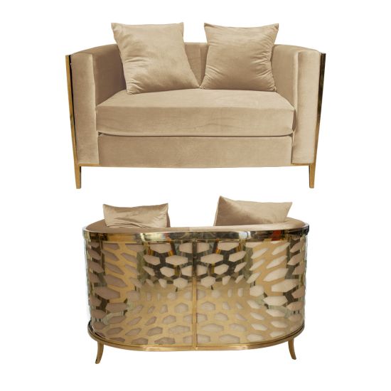 Reflection Kaleidoscope loveseat in Champagne velvet with two pillows and curved gold geometric cutout back, luxury lounge seating for events.