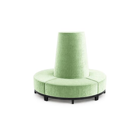 Mint velvet round banquette with curved seating and cone center backrest, luxury lounge seating rental for weddings and events.