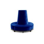 Royal Blue velvet round banquette with curved seating and cone center backrest, luxury lounge seating rental for weddings and events.