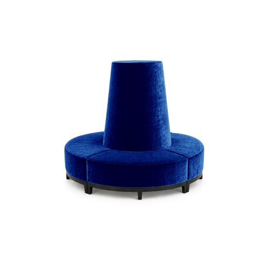 Royal Blue velvet round banquette with curved seating and cone center backrest, luxury lounge seating rental for weddings and events.