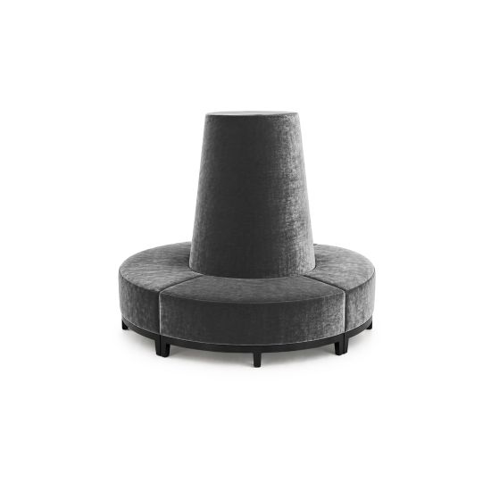 Silver velvet round banquette with curved seating and cone center backrest, luxury lounge seating rental for weddings and events.
