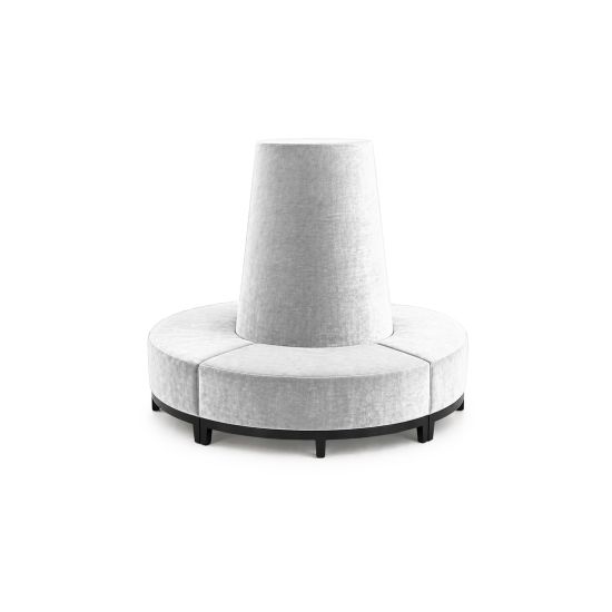 White velvet round banquette with curved seating and cone center backrest, luxury lounge seating rental for weddings and events.