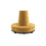 Gold velvet round banquette with curved seating and cone center backrest, luxury lounge seating rental for weddings and events.