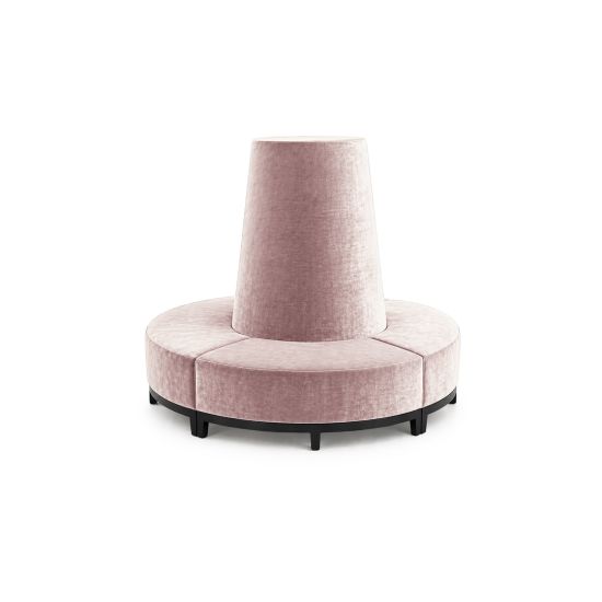 Rose Gold velvet round banquette with curved seating and cone center backrest, luxury lounge seating rental for weddings and events.