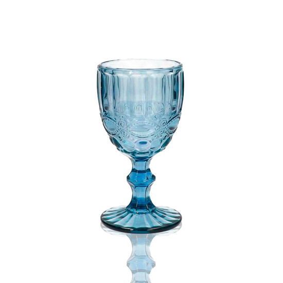 Bella blue water glass with textured bowl and short stem, stylish glassware for receptions and dinner tables, 10 oz, rack of 25.