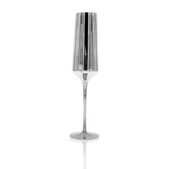 Reflection smoke silver champagne flute with metallic mirrored finish and slender stem, luxury event glassware for weddings and toasts, rack of 25.