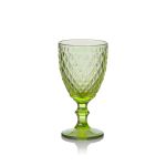Capri olive green wine glass with textured diamond pattern and short stem, elegant event glassware for weddings and bar service, rack of 25.