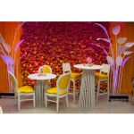 White Bohemian cocktail table with minimalist round top and light wood base for relaxed event lounge décor