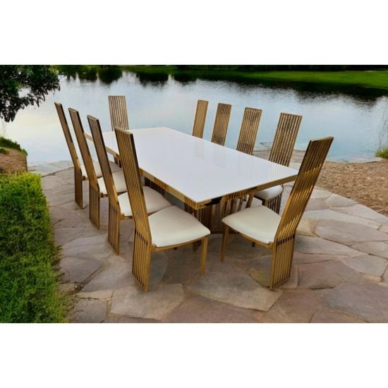 Tall gold metal event chair with vertical slat high back and White cushioned seat, modern luxury seating ideal for weddings and upscale receptions.