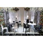 black wood-finish Bohemian high-boy cocktail table with white round top for event rental”