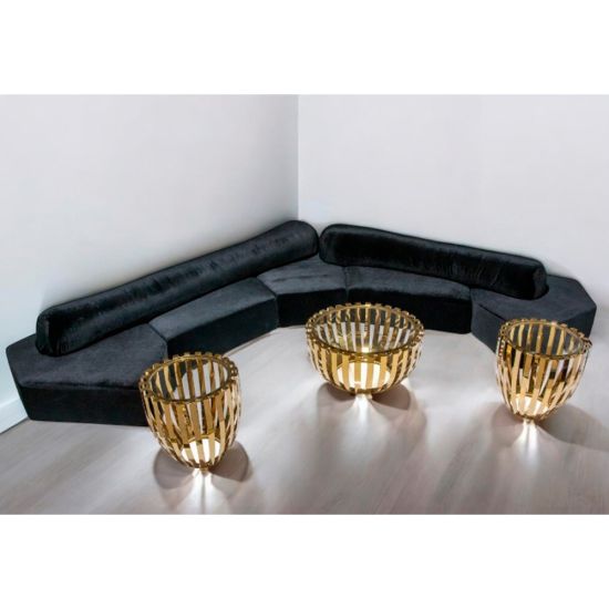 Gold stainless-steel Alaia coffee table with minimalist frame and polished finish for luxury event lounge settings