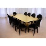 Varona Reflection dining table with gold frame and stainless steel gold top, mirror-finish rectangular surface and statement base for luxury events.
