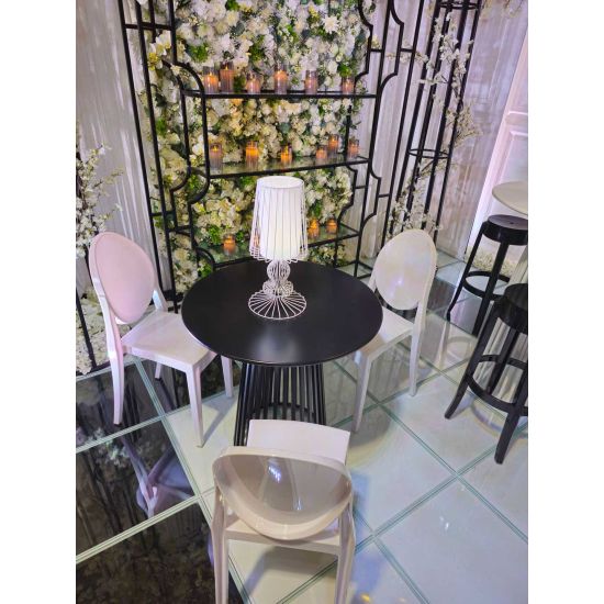 “White armless ghost resin chair with tall oval backrest and sleek seamless frame, modern event guest seating”