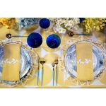 Lenox Garden Grove dinner plate with white center, blue floral detail near rim, and thin gold trim, round design on a white background