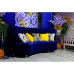 White throw pillow with repeating lemon branch print and blue tile border, fresh coastal accent cushion for outdoor lounge and event décor.