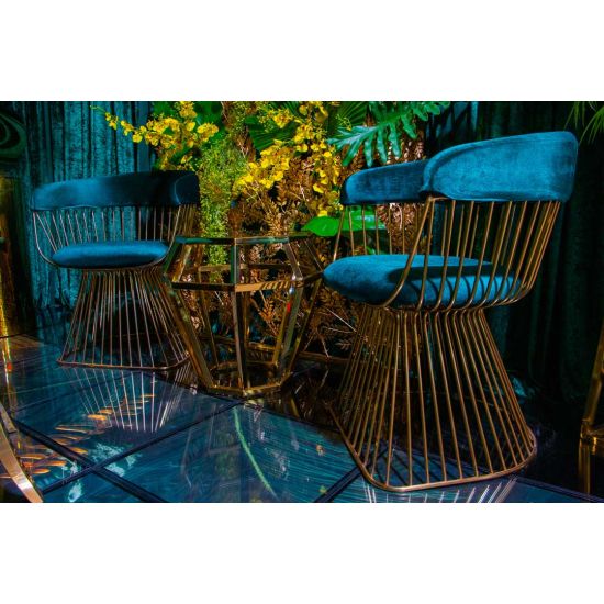 Art Deco Reflection accent chair with tiffany blue velvet seat and curved back, gold metal wire frame, luxury lounge seating for weddings and events.