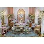 “72″ round Bohemian Dining Table Plus with warm gold cover tabletop and gold metal base, ideal for modern boho-chic event dining décor