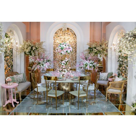“72″ round Bohemian Dining Table Plus with warm gold cover tabletop and gold metal base, ideal for modern boho-chic event dining décor
