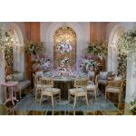 “72″ round Bohemian Dining Table Plus with warm gold cover tabletop and gold metal base, ideal for modern boho-chic event dining décor
