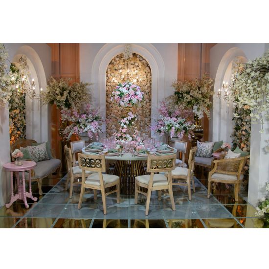 “72″ round Bohemian Dining Table Plus with warm gold cover tabletop and gold metal base, ideal for modern boho-chic event dining décor