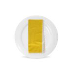 Yellow table napkin with white lace trim detail, neatly folded on a white plate for bright spring weddings and event table settings