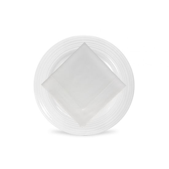 White Monarch napkin with clean solid fabric finish, neatly folded in a triangle on a white plate for classic weddings and formal event tables