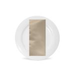 Camel satinesa napkin with smooth satin-like fabric finish in warm neutral tone, folded on a white plate for elegant event table settings